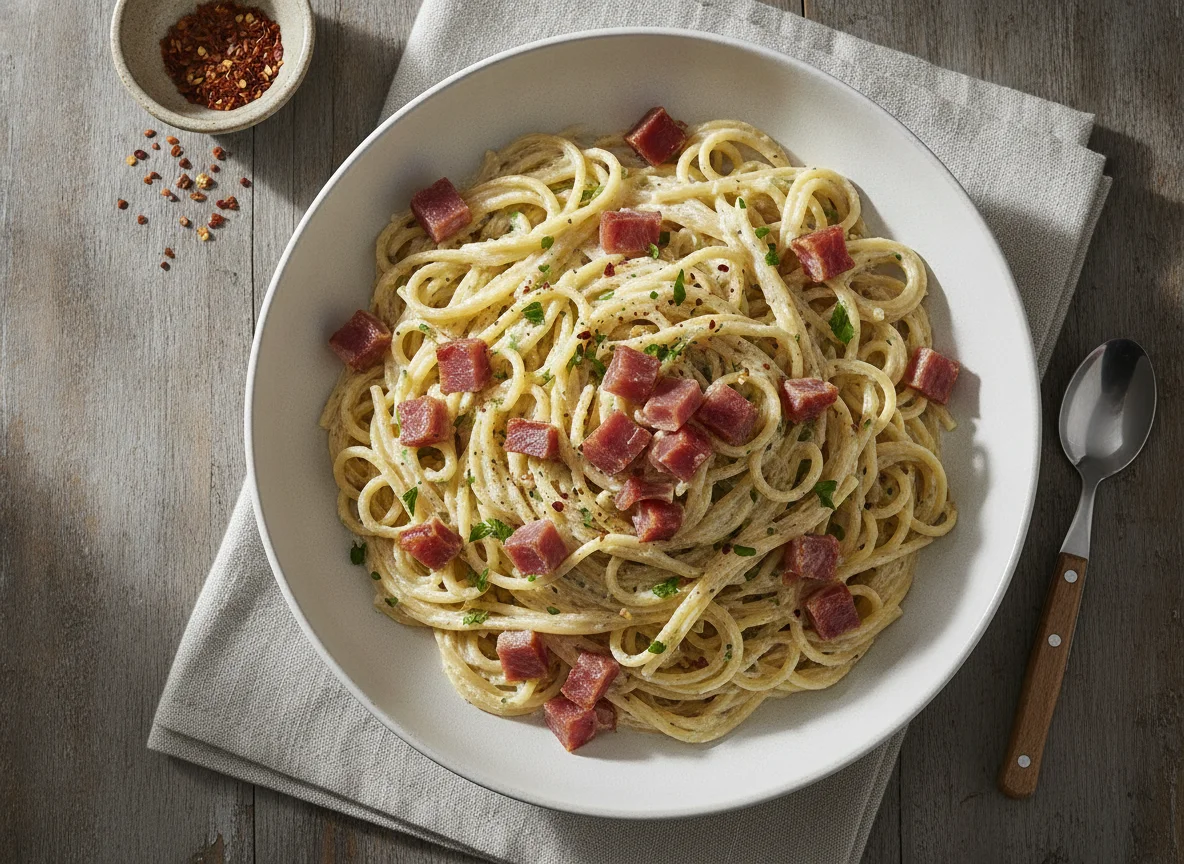 Espagueti con crema y jamón photo