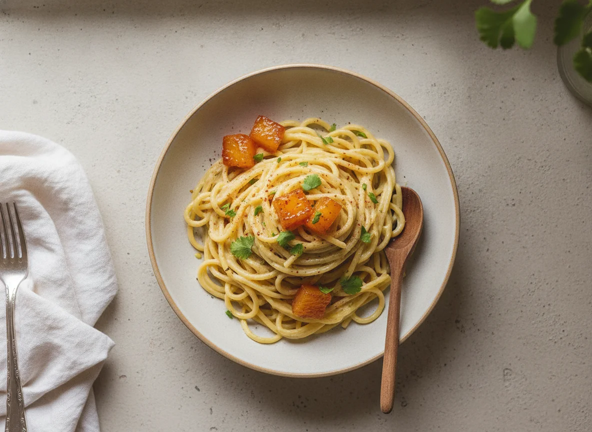 Espagueti con crema y piña en almíbar photo