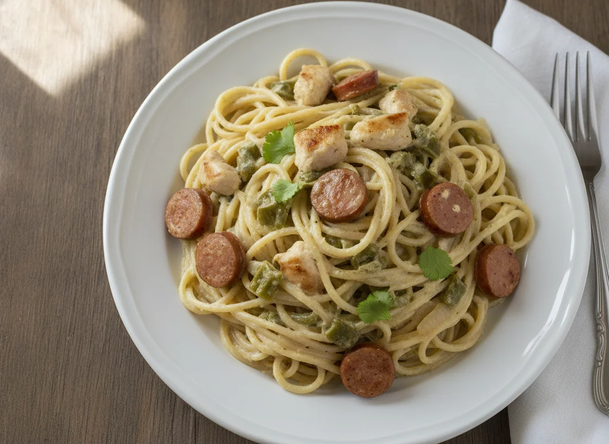 Espagueti con crema y pollo con salchicha photo