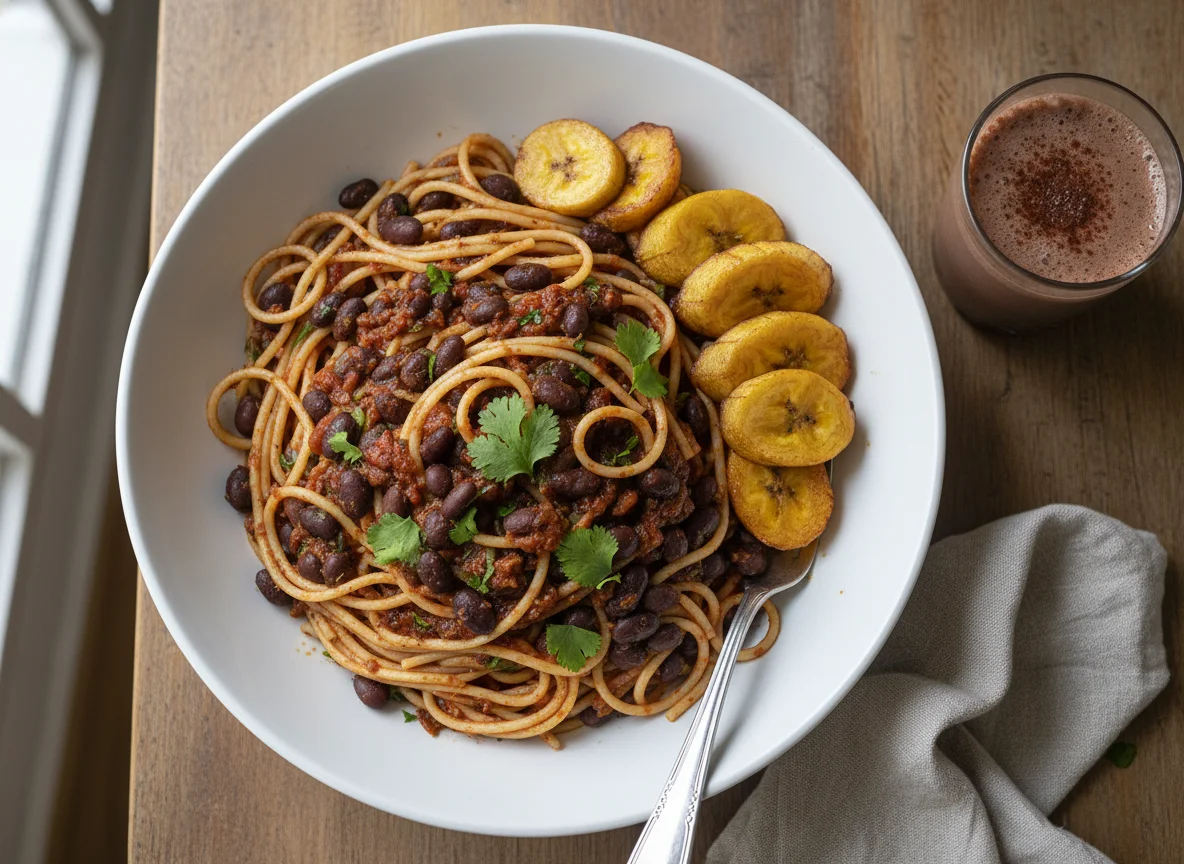 Espagueti con frijoles negros y plátano frito photo