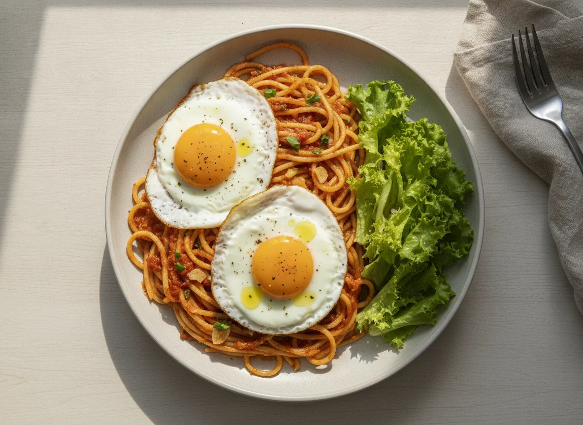Espagueti con huevos fritos y ensalada de lechuga photo