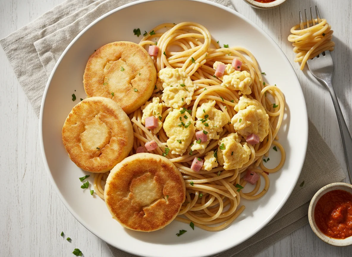 Espagueti con huevos revueltos y arepa frita photo