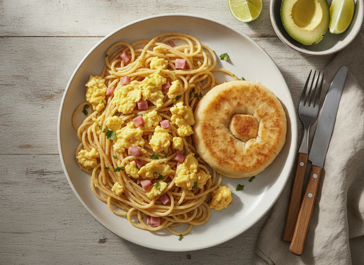 Espagueti con huevos revueltos y arepa photo