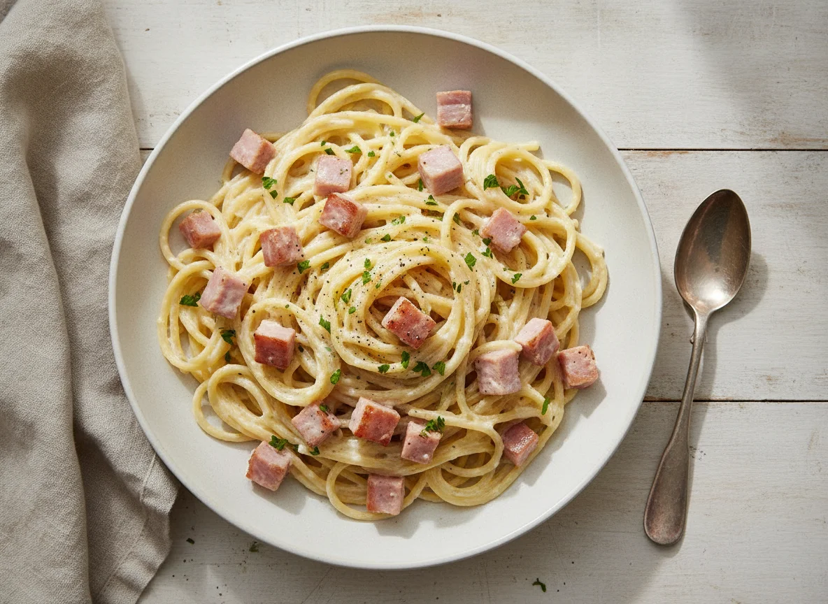Espagueti con jamón y crema photo