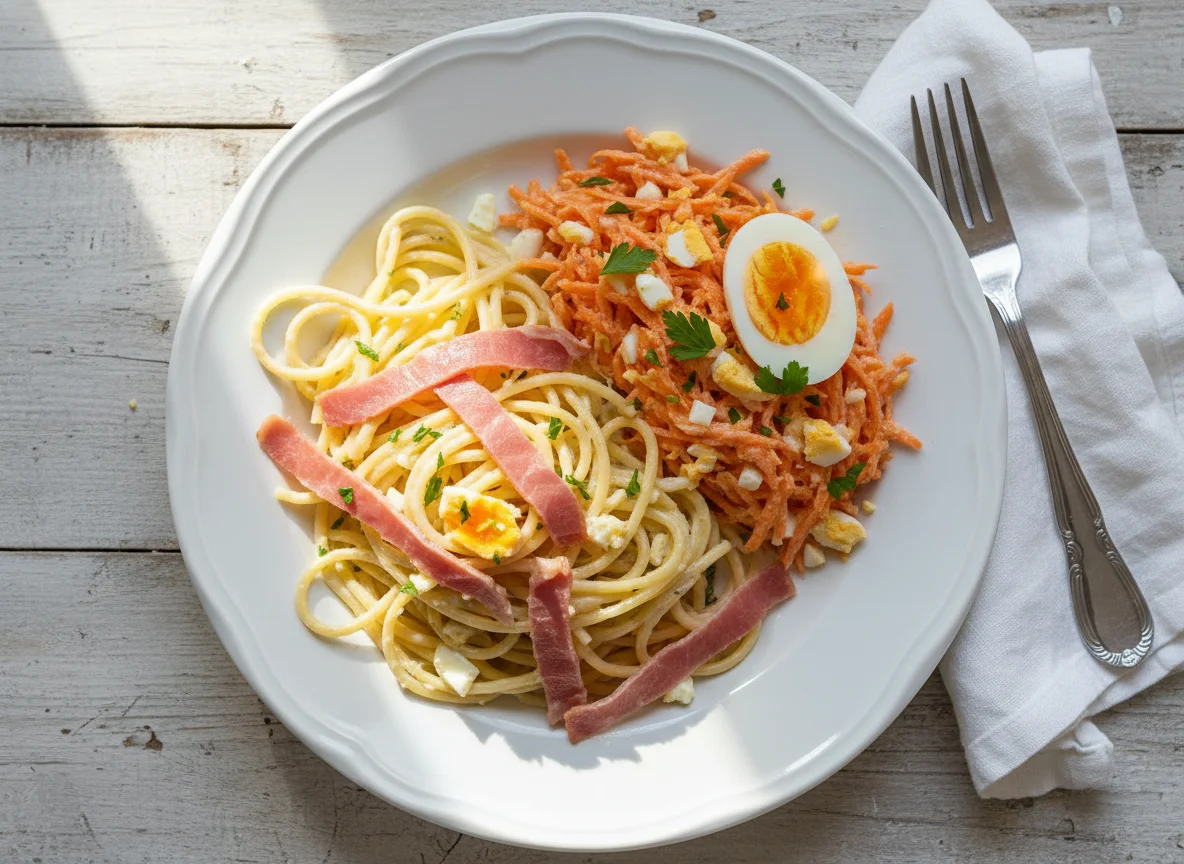 Espagueti con jamón y ensalada de zanahoria photo