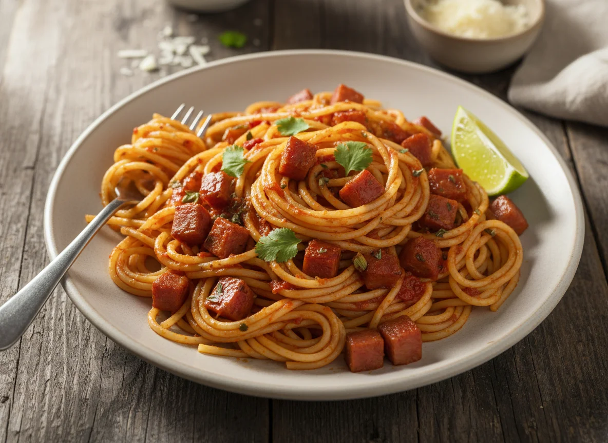 Espagueti con jamón y salsa photo