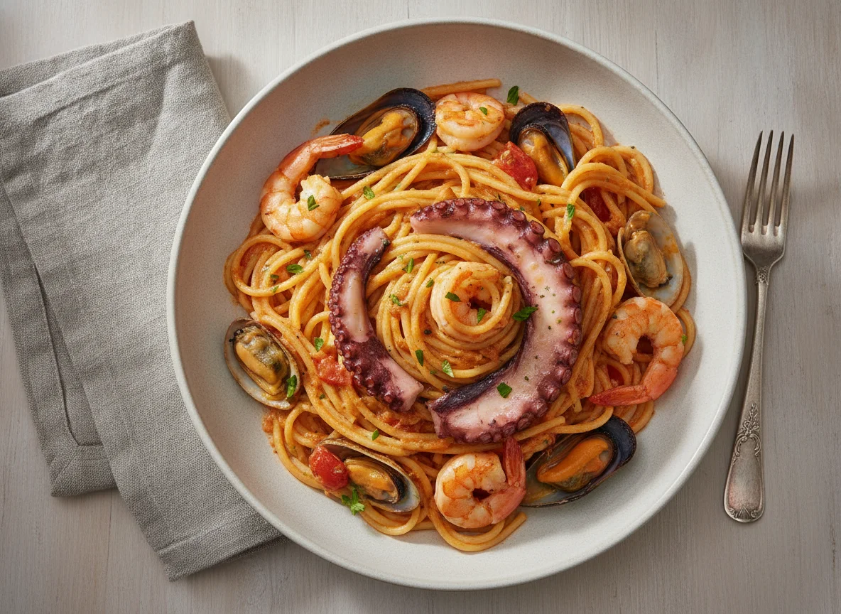 Espagueti con Mariscos en Salsa Cremosa photo