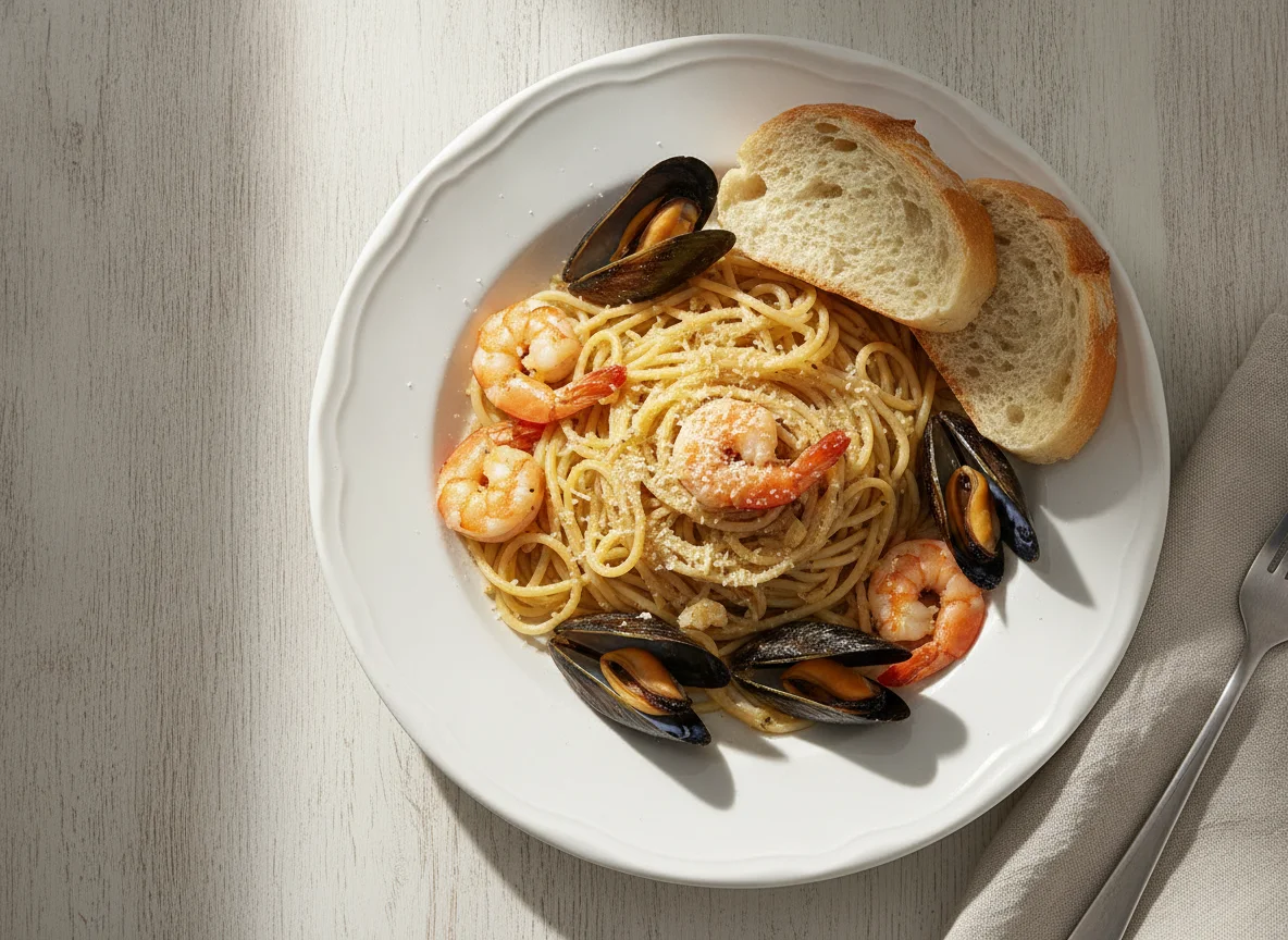 Espagueti con mariscos y pan photo