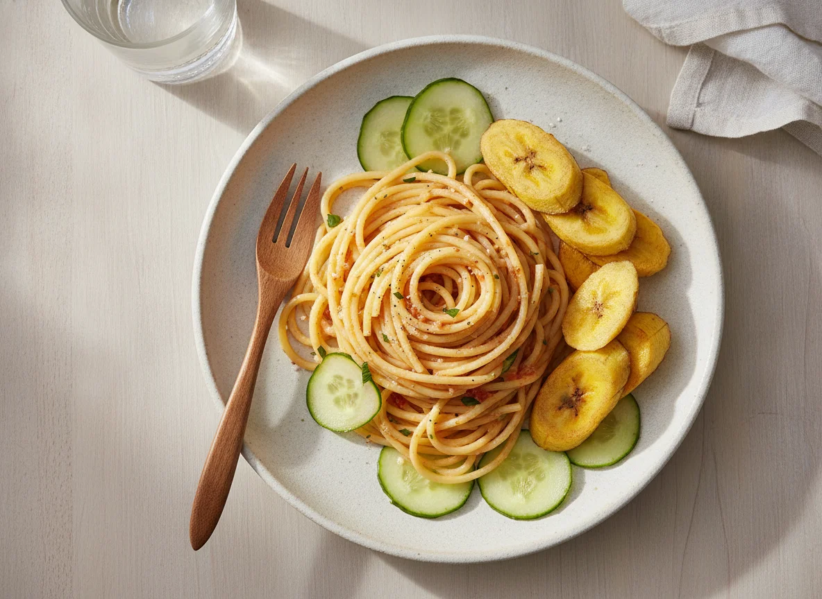 Espagueti con pepino y plátano photo