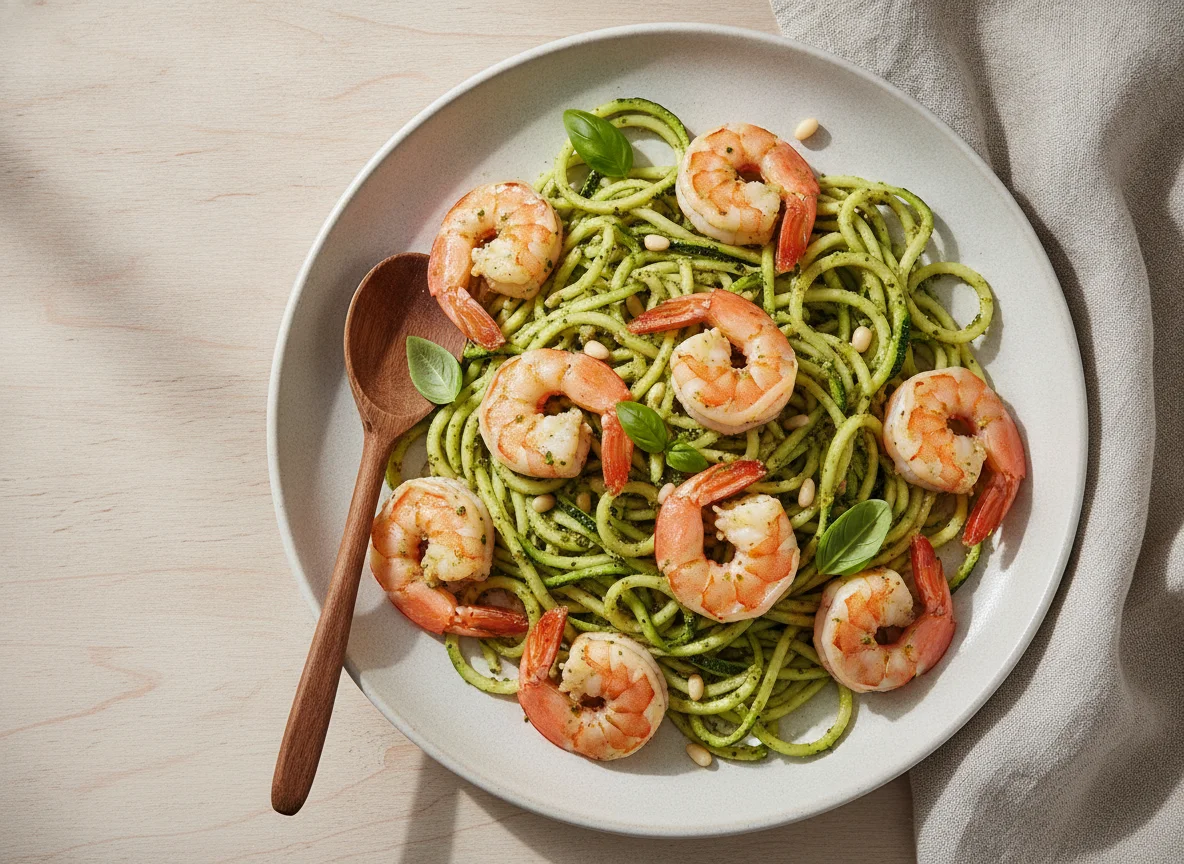 Espagueti con Pesto y Camarones photo