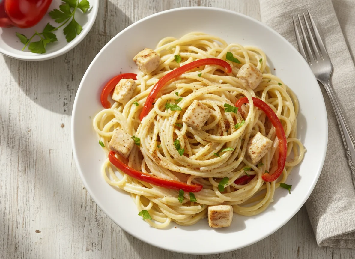 Espagueti con pollo en salsa cremosa photo