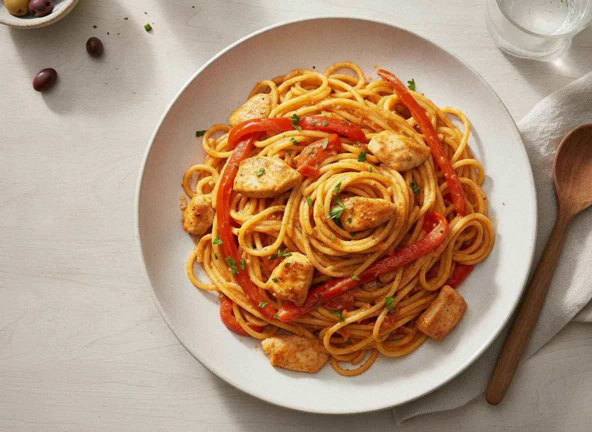 Espagueti con pollo en salsa cremosa y pimientos photo