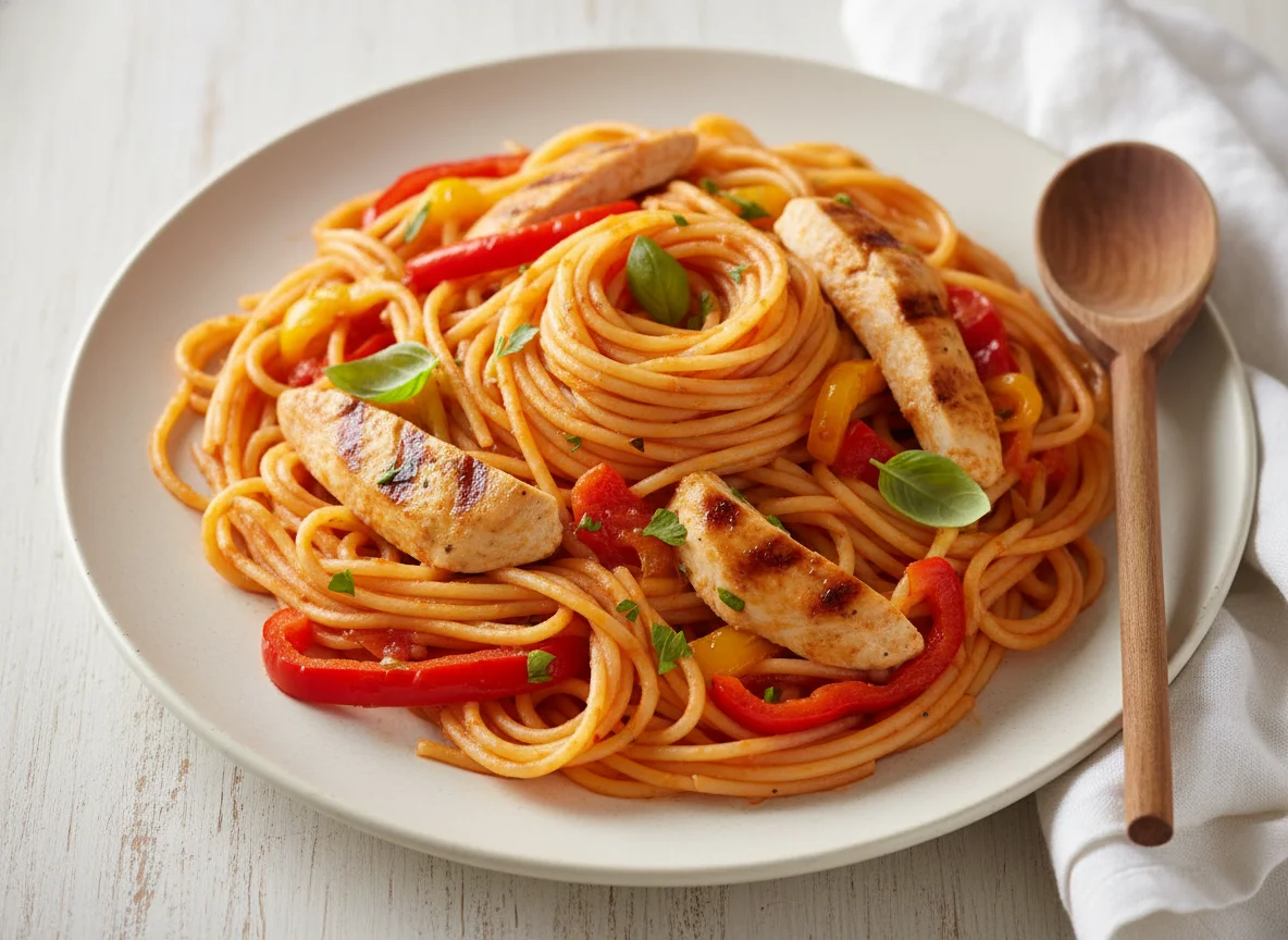 Espagueti con pollo en salsa de pimiento photo