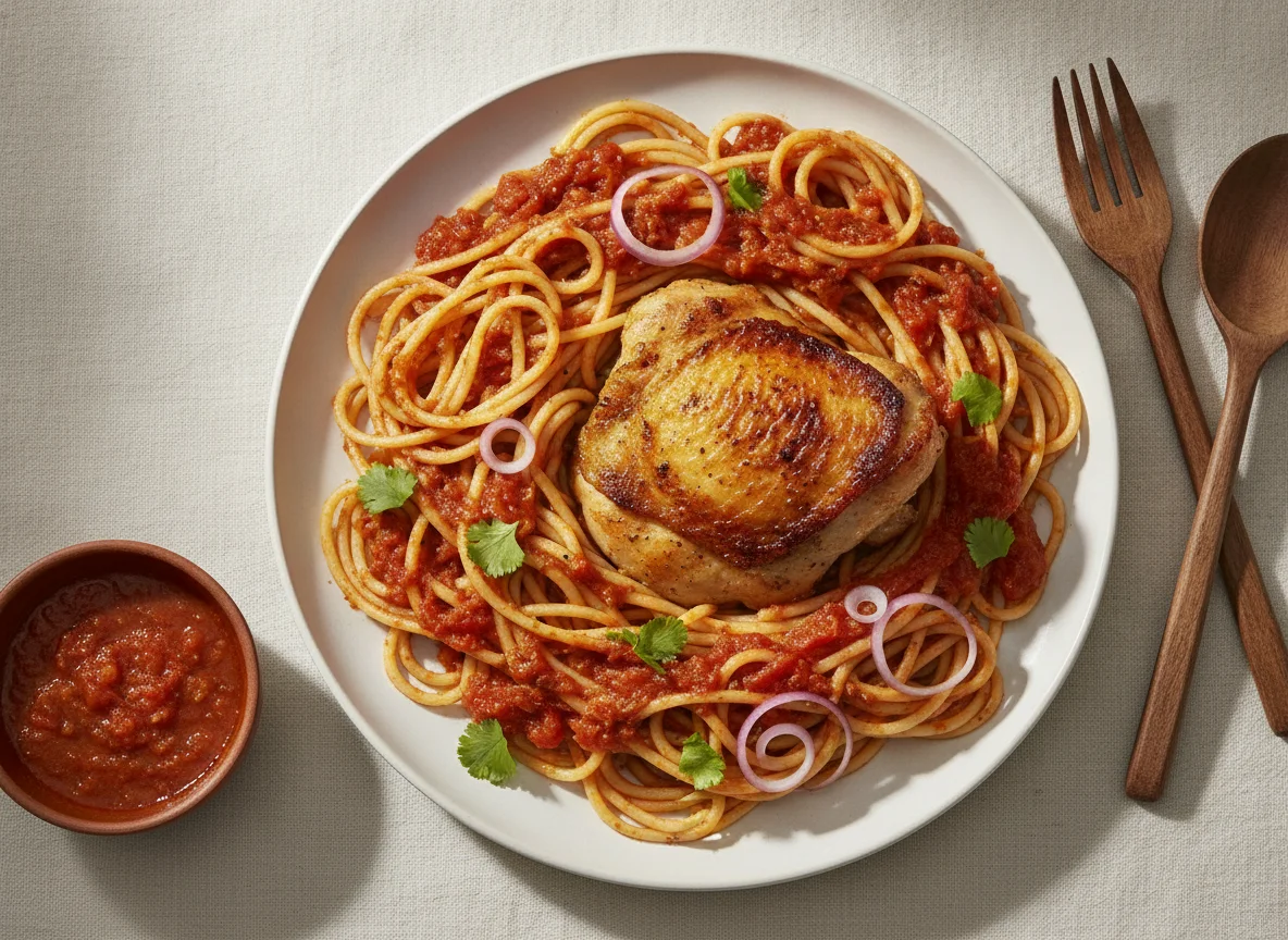 Espagueti con pollo en salsa roja photo