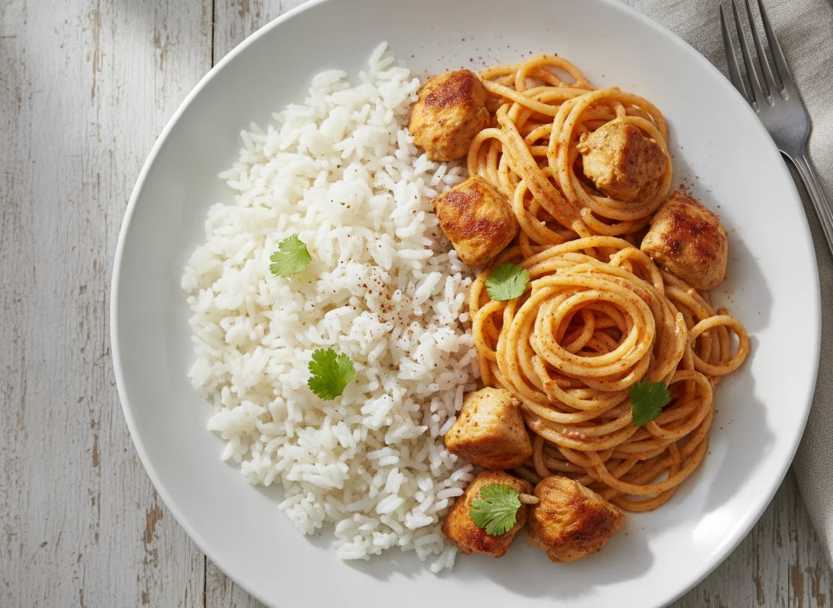 Espagueti con pollo y arroz photo