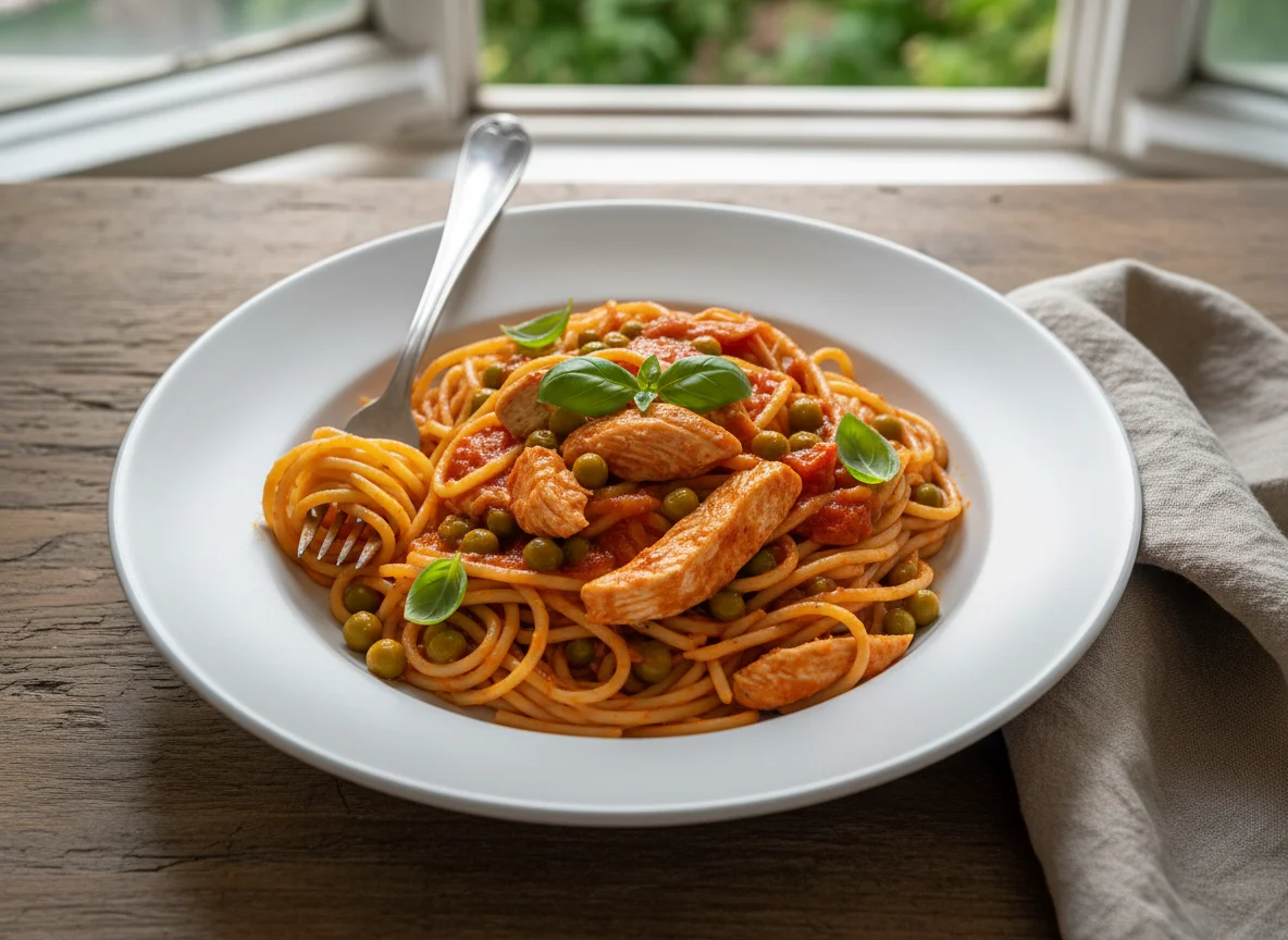 Espagueti con pollo y guisantes photo