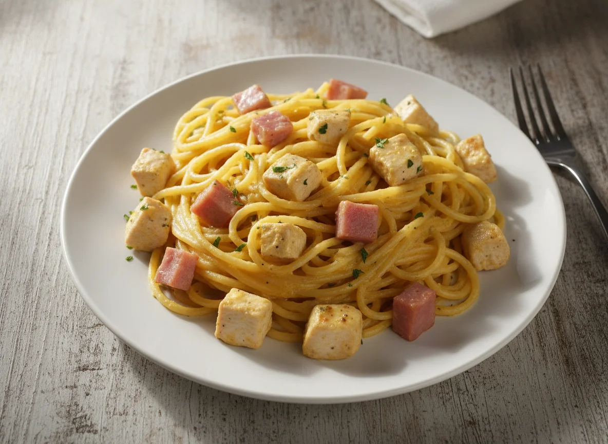 Espagueti con pollo y jamón en salsa de queso photo