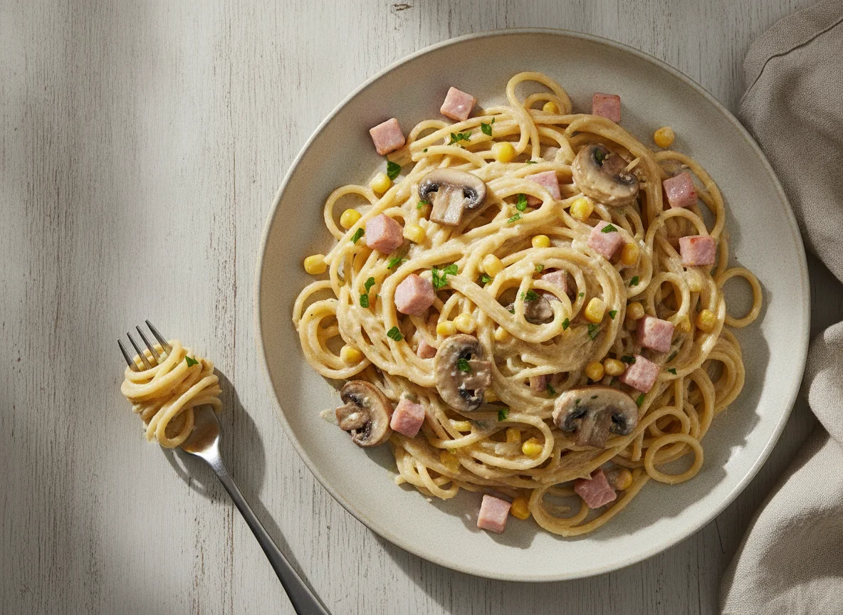 Espagueti con salsa blanca, jamón, maíz y champiñones photo