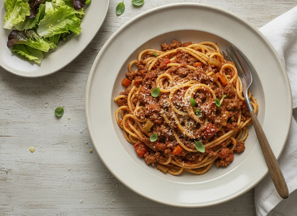 Espagueti con salsa boloñesa y ensalada de lechuga photo