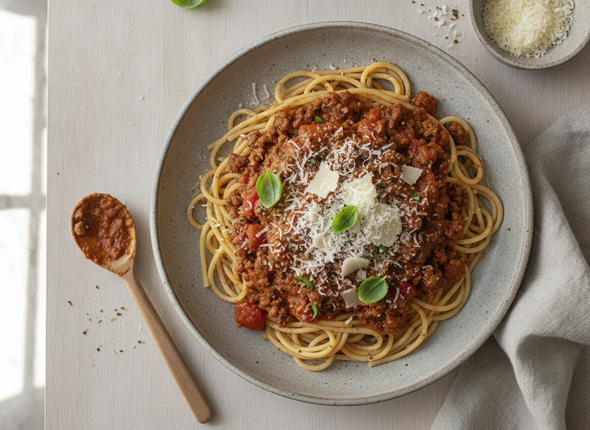 Espagueti con salsa boloñesa y queso parmesano photo