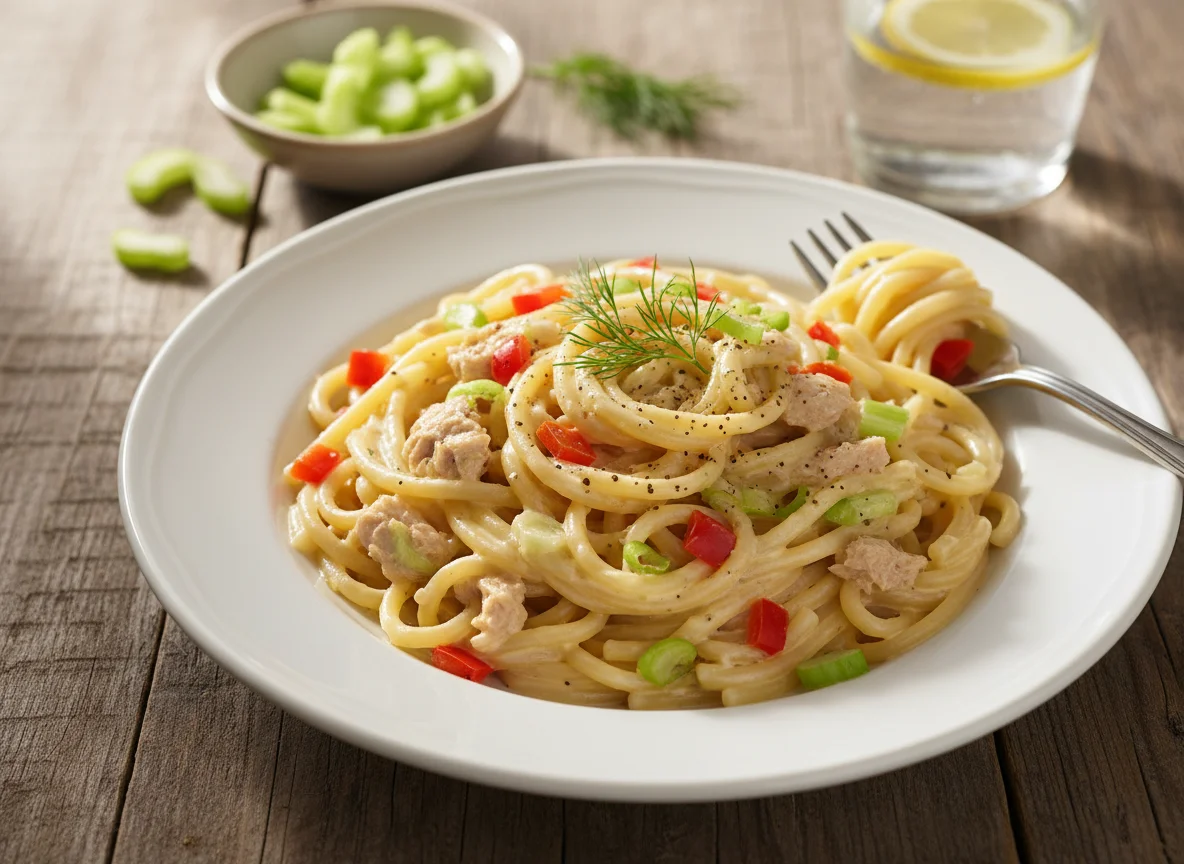 Espagueti con salsa cremosa de atún y vegetales photo