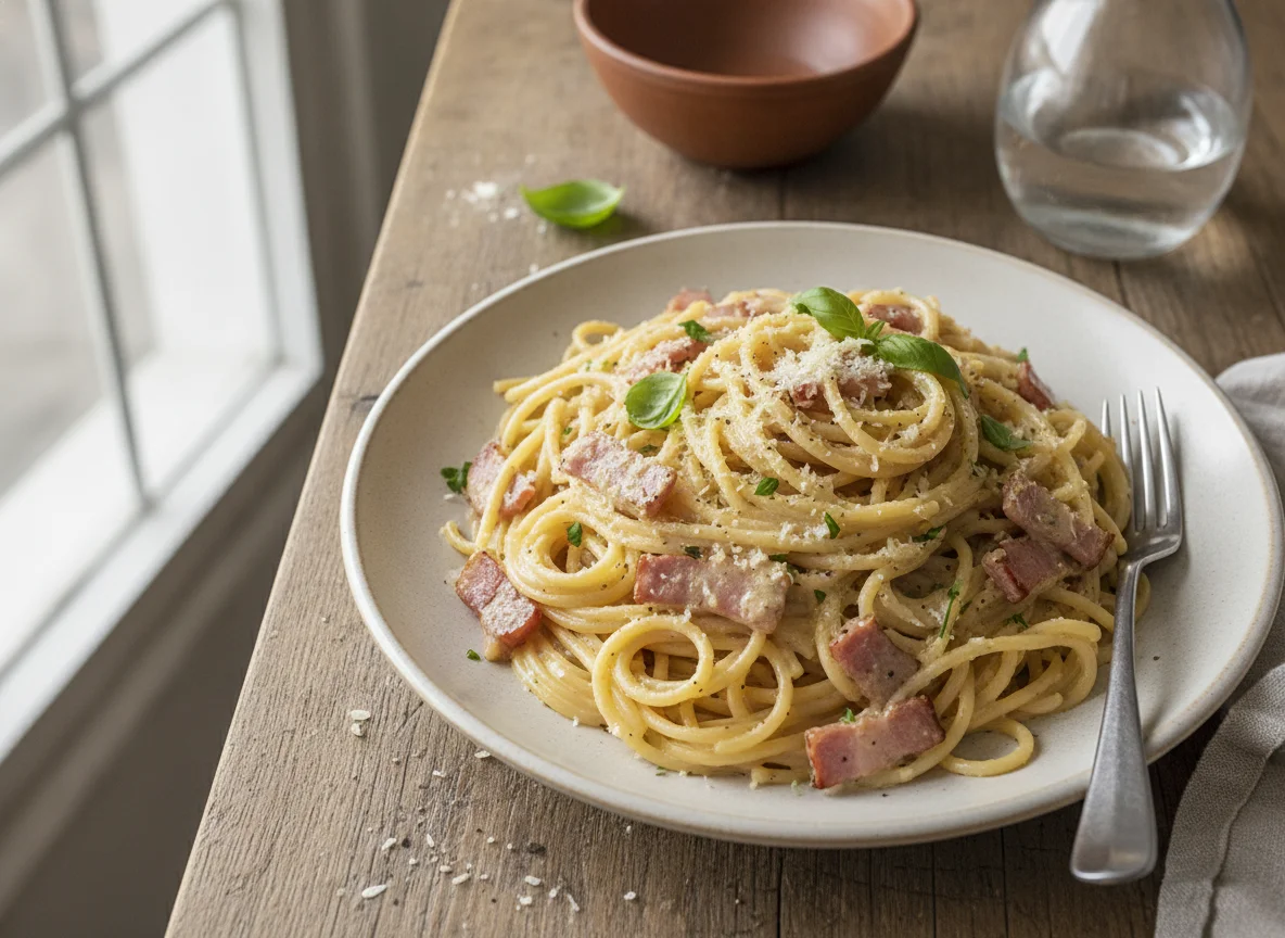 Espagueti con salsa cremosa y jamón photo
