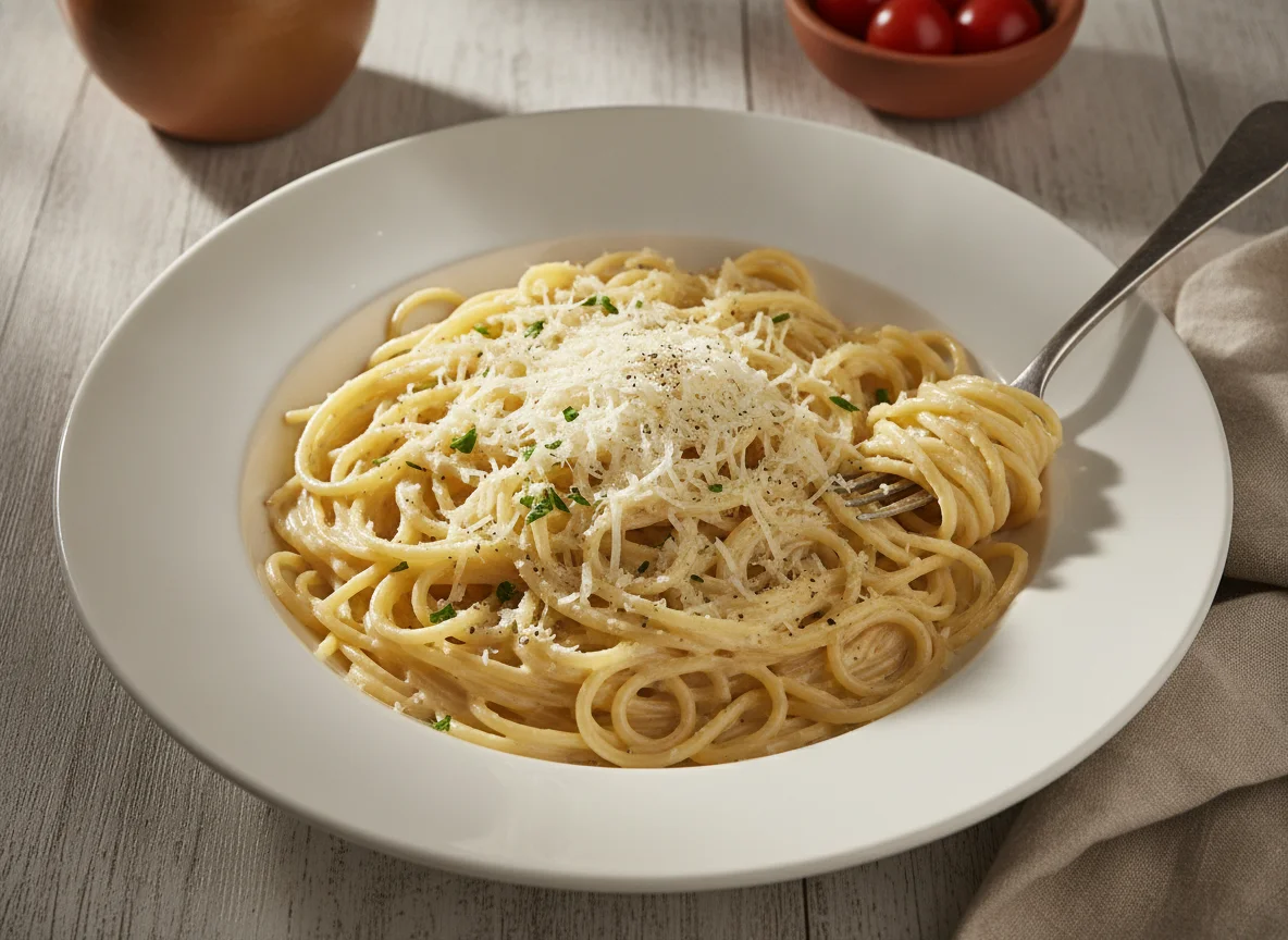 Espagueti con salsa cremosa y queso photo