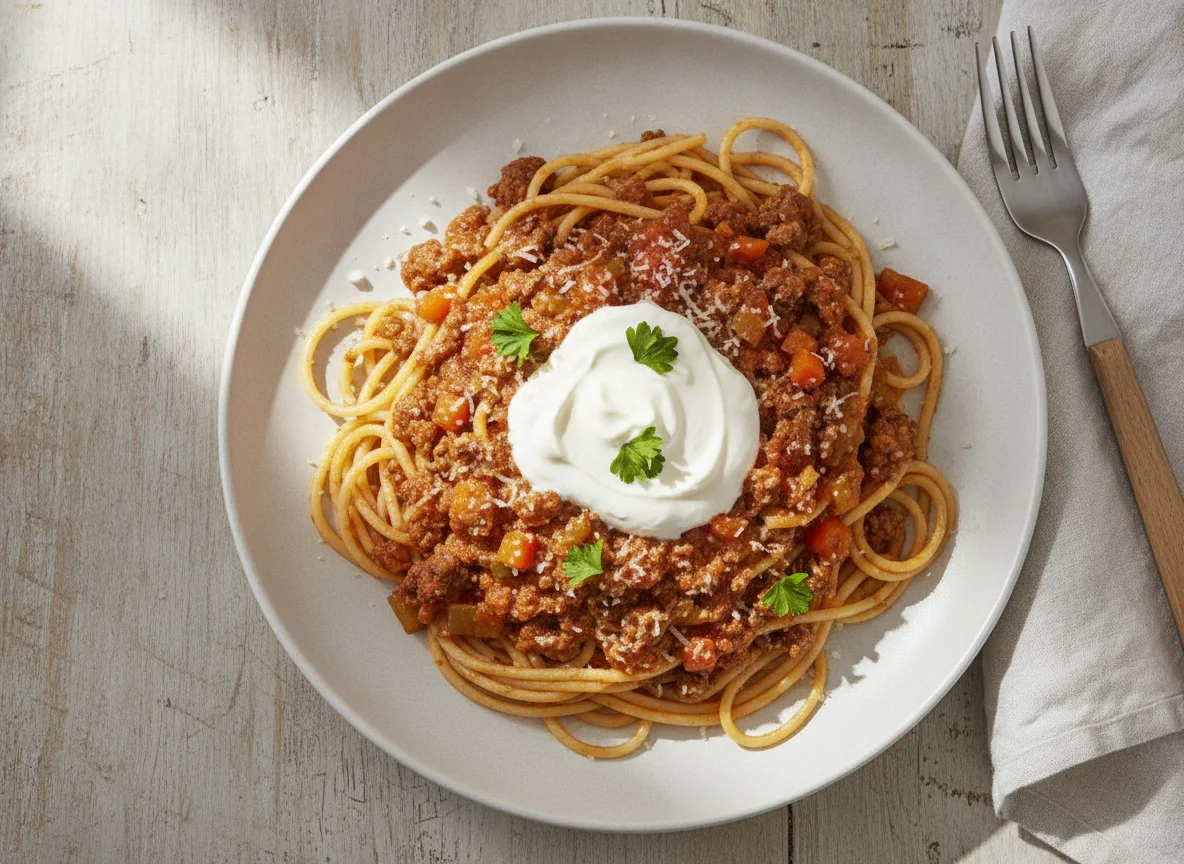 Espagueti con salsa de carne y crema photo