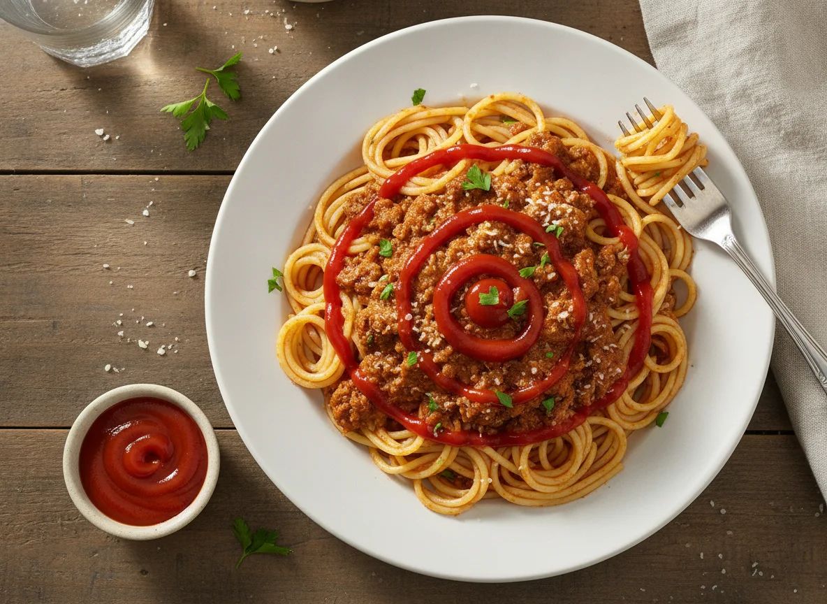 Espagueti con salsa de carne y kétchup photo