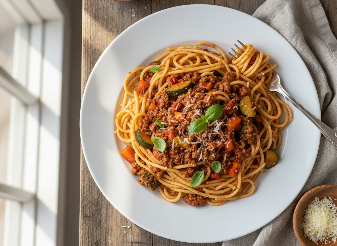 Espagueti con salsa de carne y verduras photo