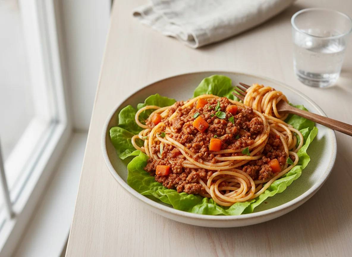 Espagueti con salsa de carne y zanahoria sobre lechuga photo
