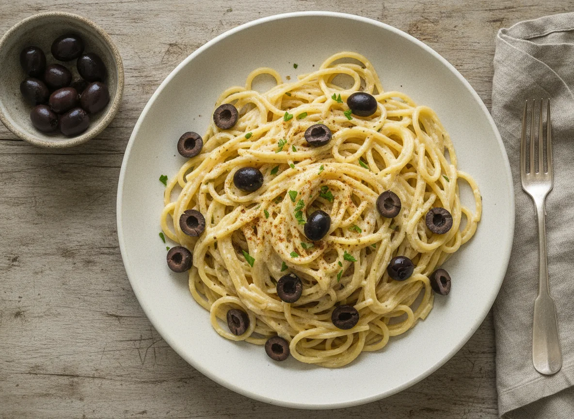 Espagueti con salsa de queso y aceitunas photo