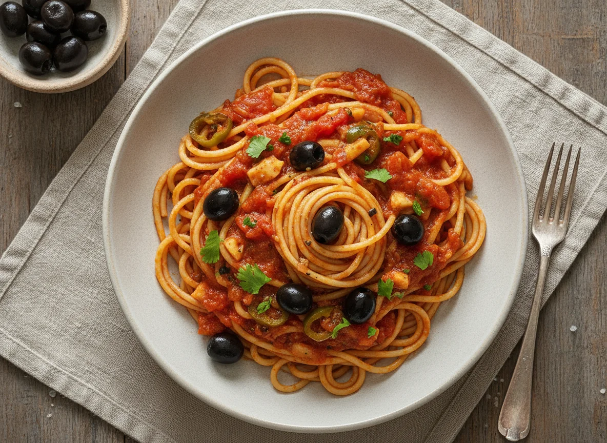 Espagueti con salsa de tomate y aceitunas photo