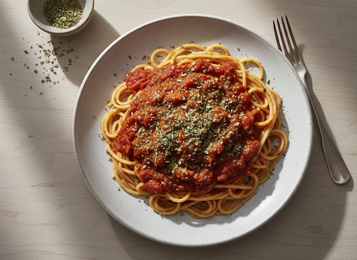 Espagueti con salsa de tomate y orégano photo