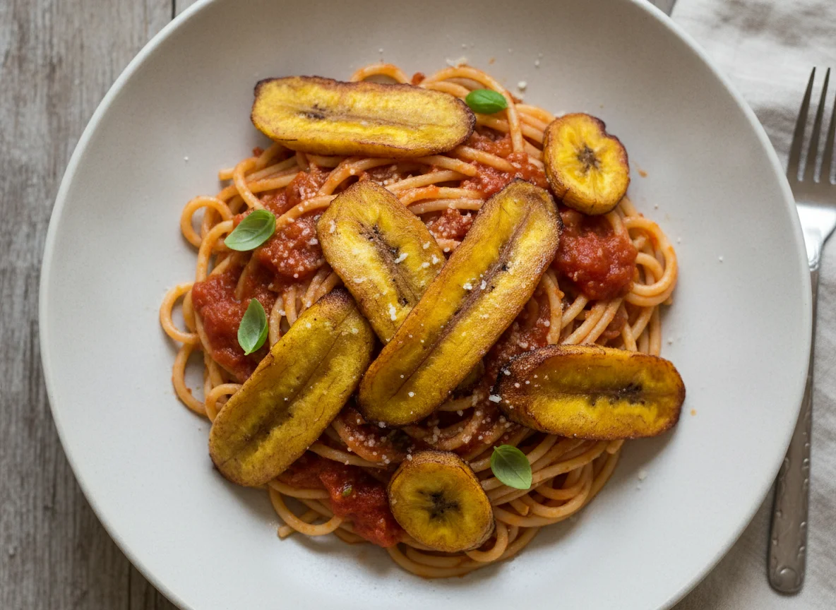 Espagueti con salsa de tomate y plátano frito photo