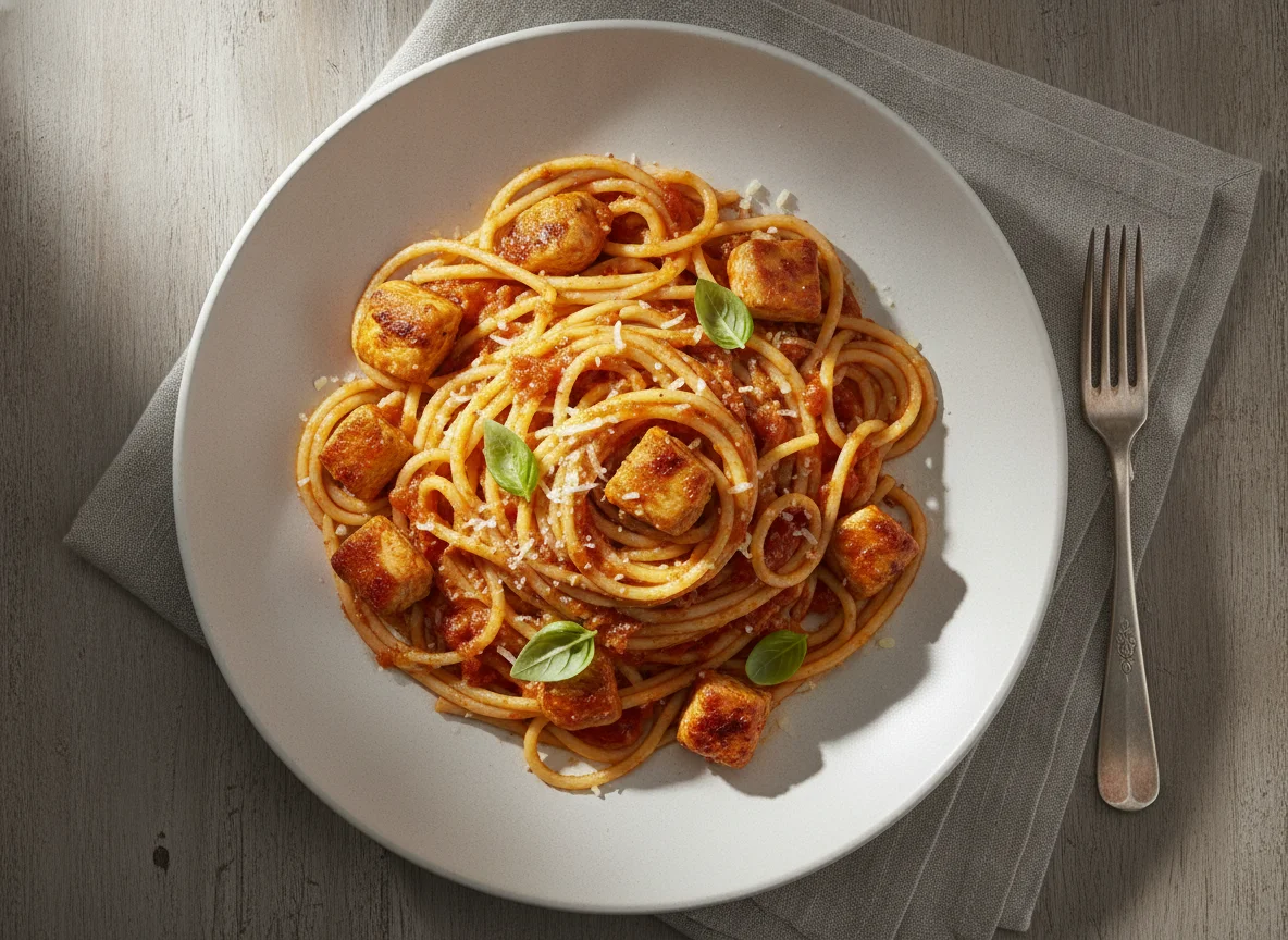 Espagueti con salsa de tomate y pollo photo