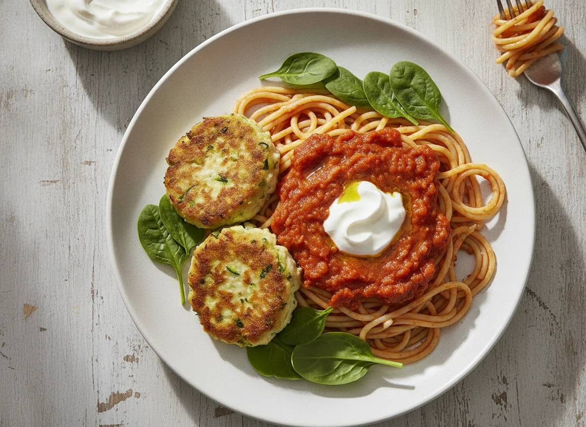 Espagueti con salsa roja, tortitas de pollo y espinacas photo