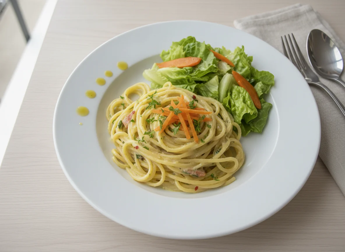 Espagueti cremoso con ensalada photo
