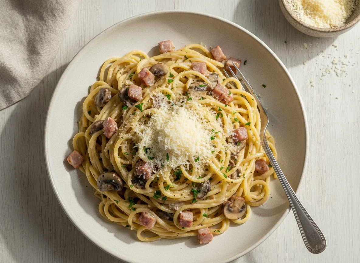 Espaguetis a la carbonara con champiñones y bacon photo