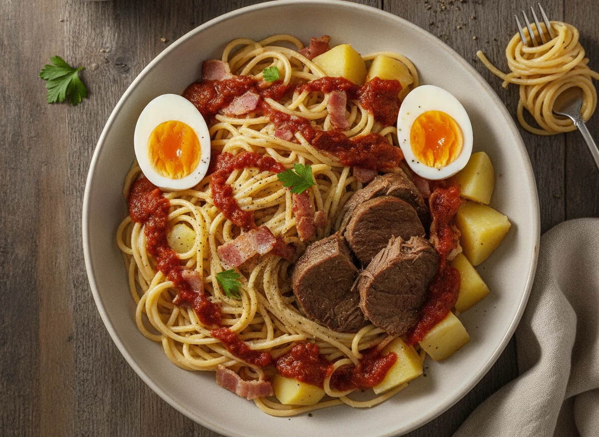 Espaguetis a la carbonara con huevos cocidos y carne guisada photo