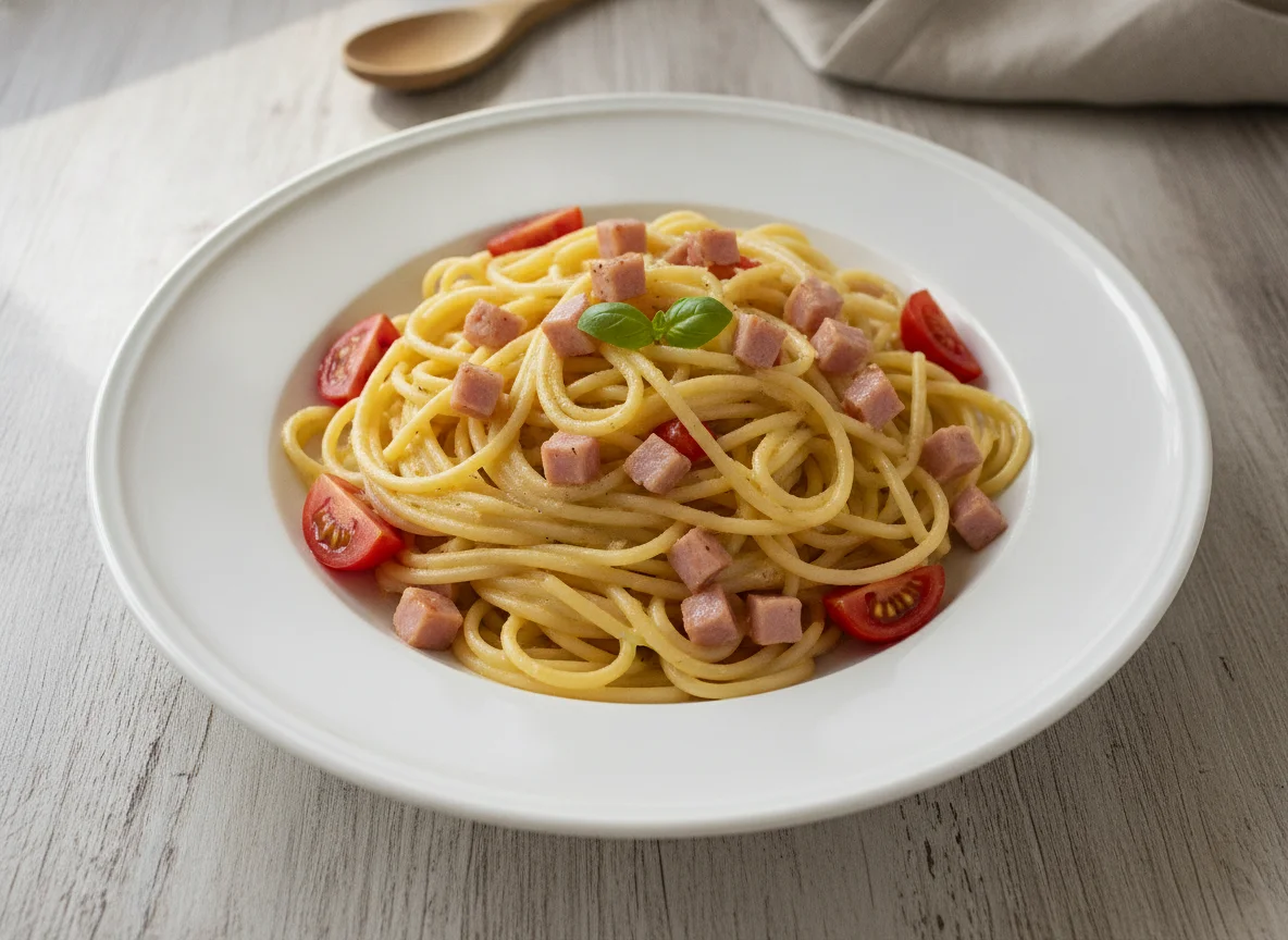 Espaguetis a la carbonara con jamón y tomate photo