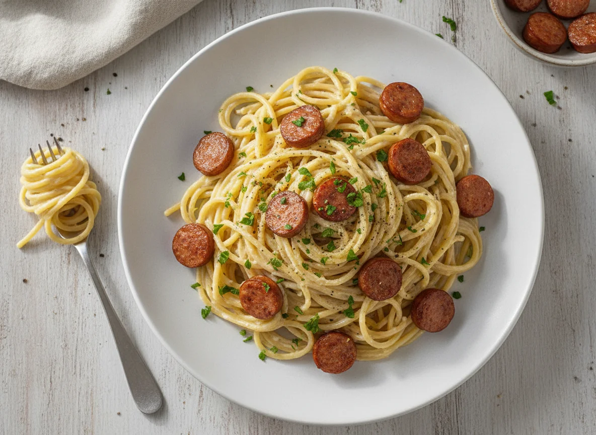 Espaguetis a la carbonara con salchichas photo