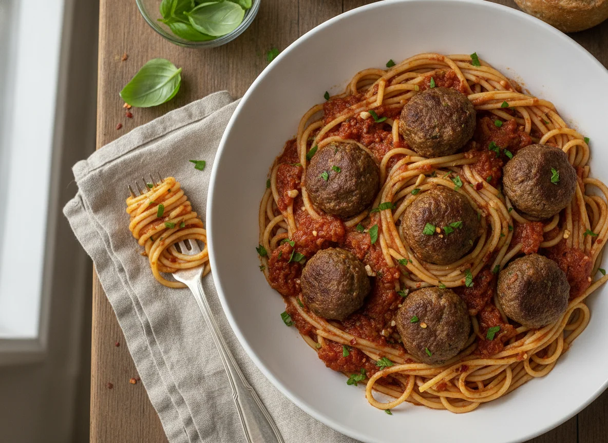 Espaguetis con albóndigas y salsa de tomate photo