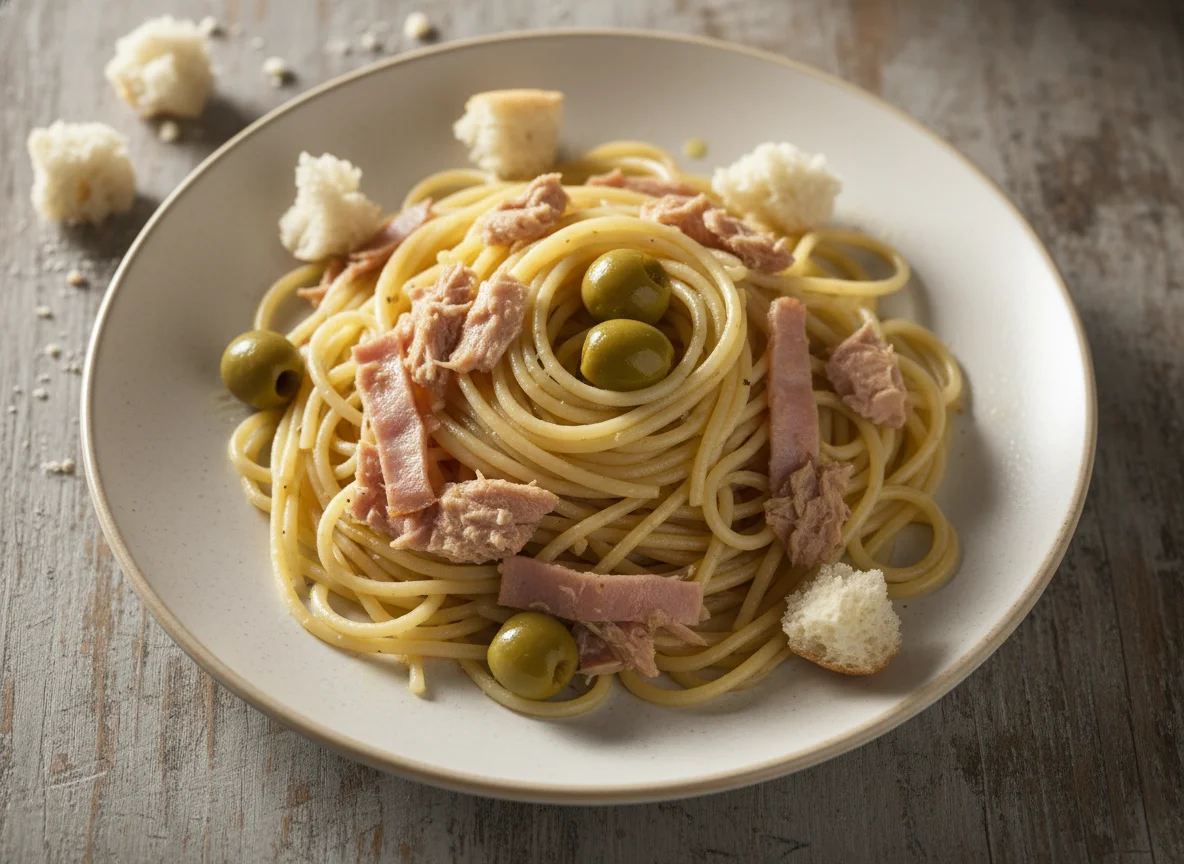 Espaguetis con atún, jamón y aceitunas photo