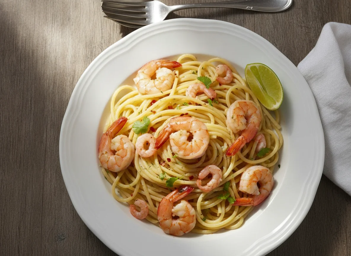 Espaguetis con camarones photo
