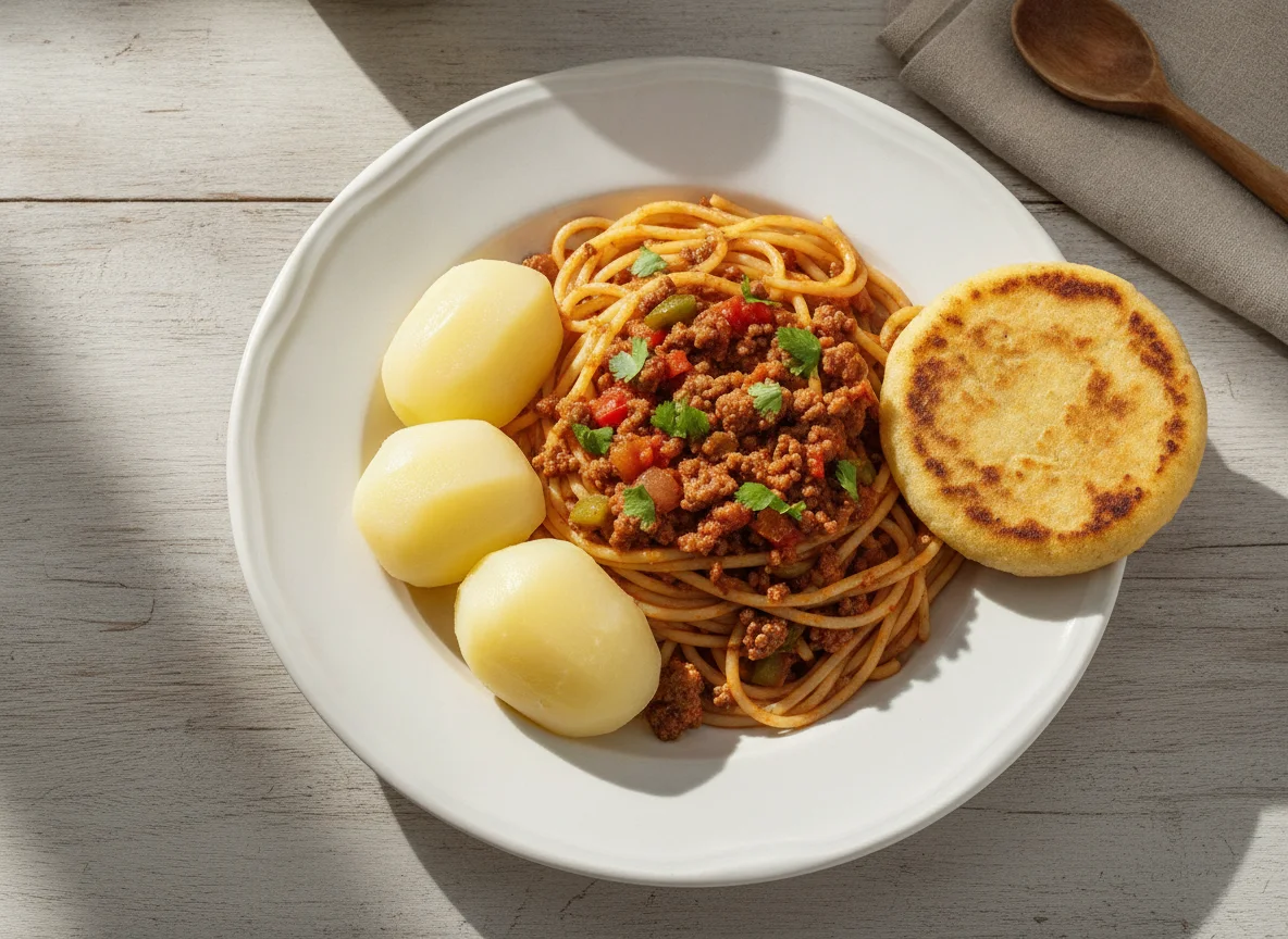 Espaguetis con carne molida, papas cocidas y arepa photo