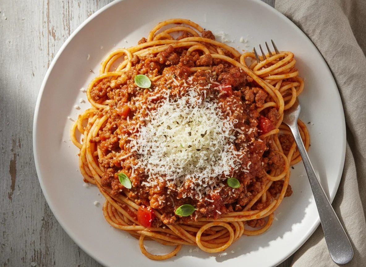 Espaguetis con carne molida, salsa de tomate y queso rallado photo