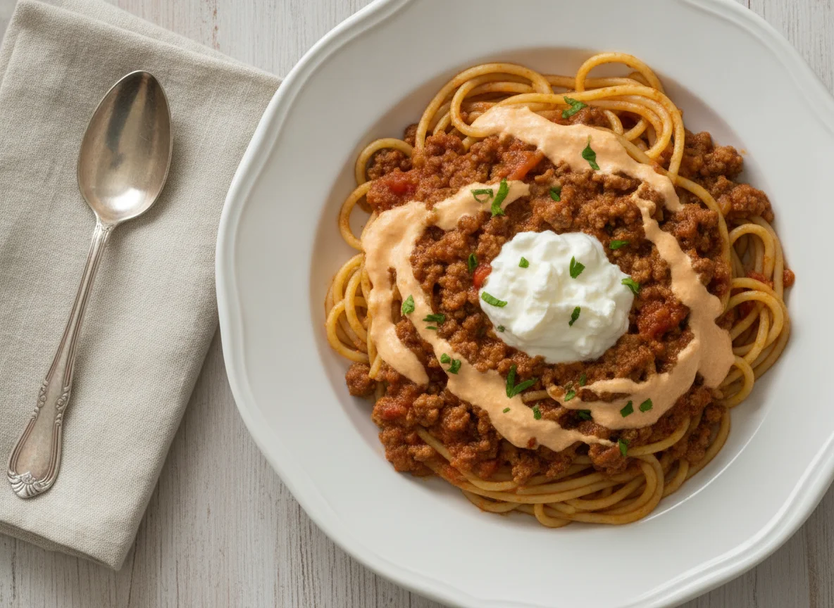 Espaguetis con carne molida y queso photo