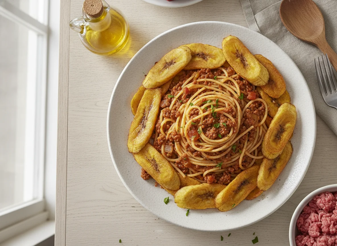 Espaguetis con carne molida y tajadas photo