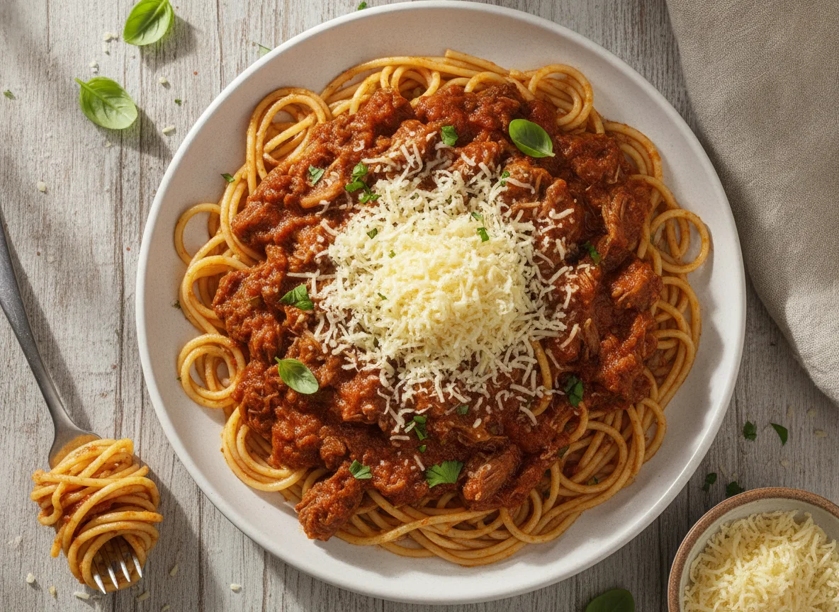 Espaguetis con carne y queso photo